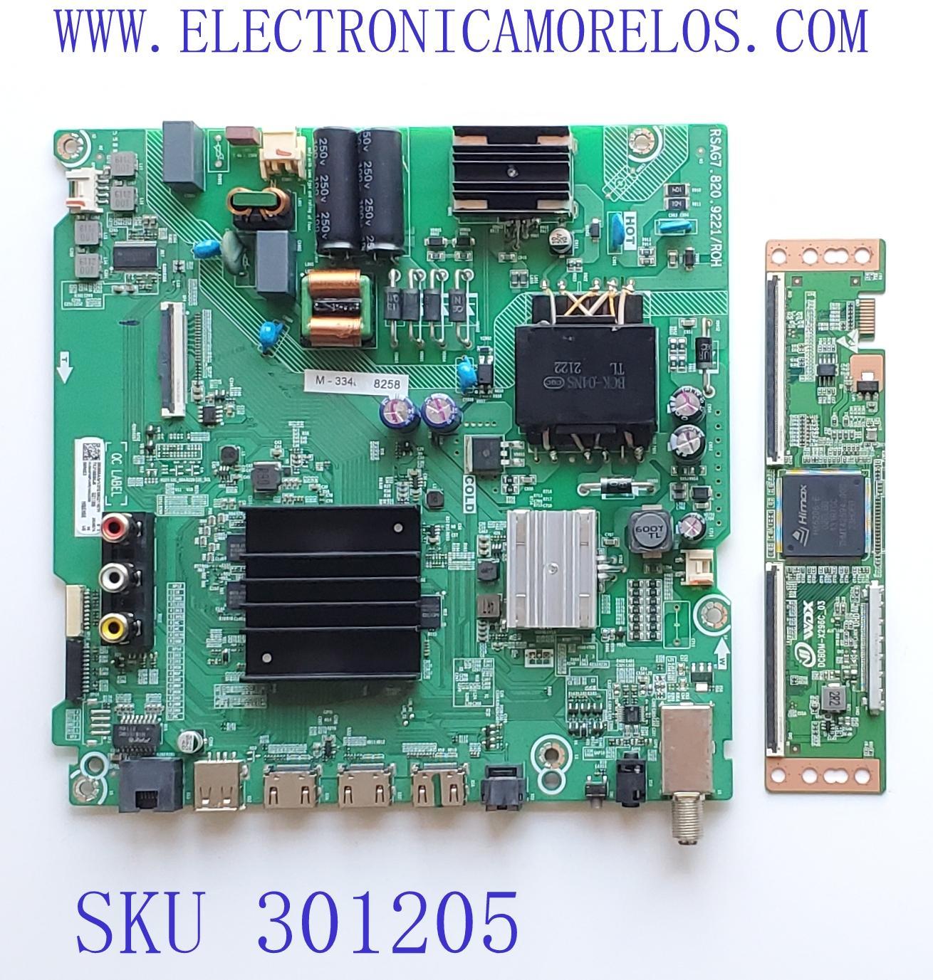 KIT DE TARJETAS PARA TV HISENSE / MAIN FUENTE 280868A / RSAG7.820.9221/ROH / 280867 / T-CON 8T03D25442CHT / DCBDM-X296C_03 / 22122800800022 / PANEL HD580X1U91-L1/S0/GM/CKD3A/ROH/1 / MODELO 58R6E3